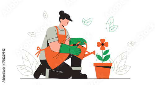 An Individual Caring for Flowering Plants, Showing Garden Life and Horticultural Endeavors