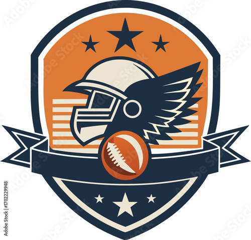 Vector badge design: football ball at centre, helmet on side, player silhouette running, stars in background, eagle in old-school tattoo style.
