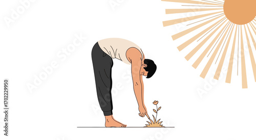 A person tending a flower, wellness and self-care concept, illustrated vector design