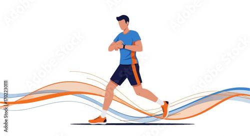 Animated Athlete Sprinting While Monitoring Fitness Tracker, Modern Sport Illustration Design