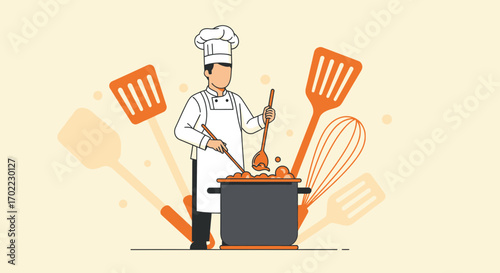 A professional chef cooking in the kitchen with various cooking utensils and ingredients