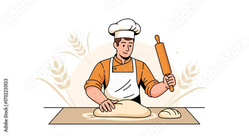 Animated Baker Preparing Dough For Baking Fresh Bread, Illustration For Food Related Topics