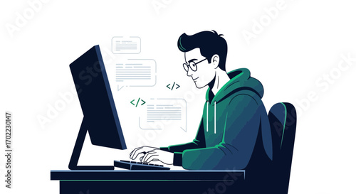 A Programmer Working On Code, Digital Illustration Of A Tech Concept And Development Ideas