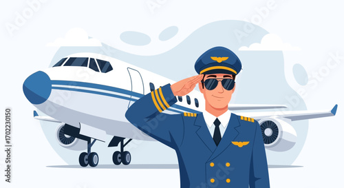 A Professional Pilot Making A Salute In Front Of A Large, Beautiful Commercial Jet