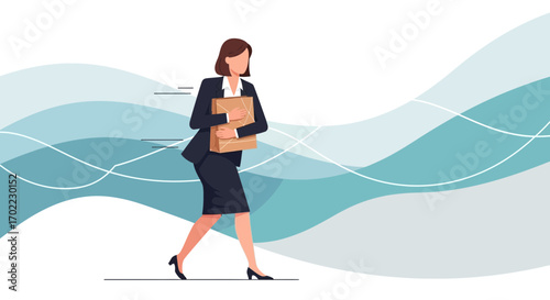 Animated Businesswoman Rushing Forward With Parcels In A Dynamic Abstract Design