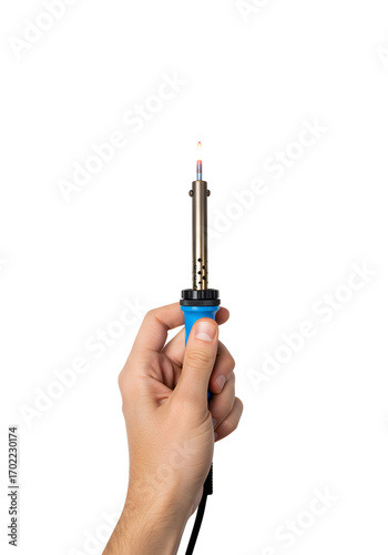 Holding Soldering Iron with Heating Element Glow against Transparent Background