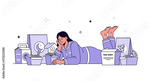 A relaxed person enjoys takeaway food in pajamas at home, simple illustration style