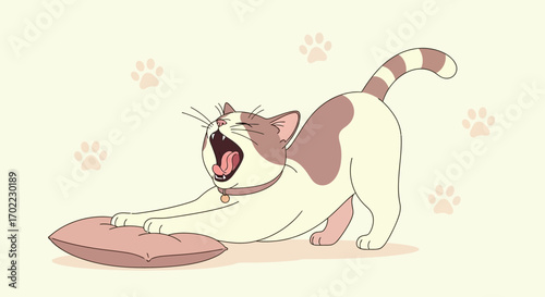 Animated Cat Stretching And Yawning On A Pillow With Paw Prints Background