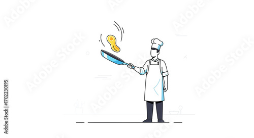 Animated chef cooking pancakes in a pan for breakfast in simple line art style