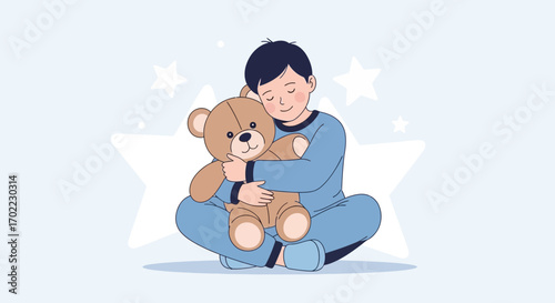 A serene cartoon of a child embracing a teddy bear in a peaceful illustration