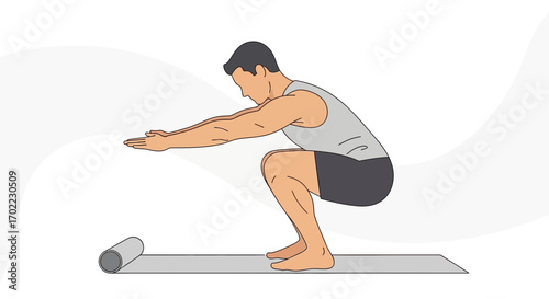 Animated Illustration Of A Man Performing A Squat Exercise On A Yoga Mat