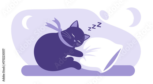 A Sleepy Feline Embracing A Pillow Under The Night Sky And The Crescent Moons