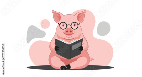 A smart pig wearing glasses reads a book and studies in a colorful illustration style