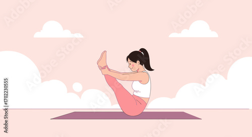 Animated illustration of a woman doing yoga poses promoting wellness and flexibility