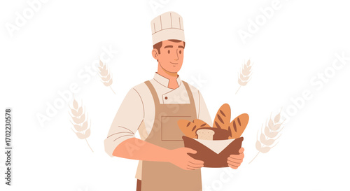 A Smiling Baker Presenting Freshly Baked Bread Within Basket And Wheat Elements