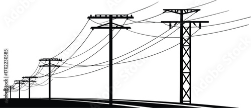 Silhouette of electrical power poles with wires stretching over curved road, utility poles, energy transmission lines, rural landscape, black ground, vector illustration