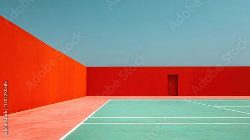 Abstract architecture featuring a vibrant tennis court with bold red walls and a clear blue sky