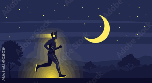 Animated Silhouetted Figure Running at Night with Moon and Start Listening to Music