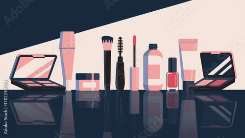 illustration of a line of makeup products and equipment arranged vector design template