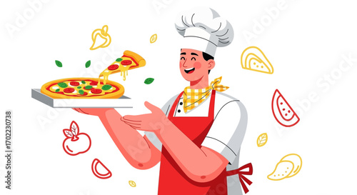 Animated Smiling Chef Presenting Delicious Pizza On The Plate, Food Delivery Concept