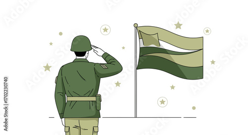A soldier saluting the flag, a symbol of patriotism and honor in graphic style