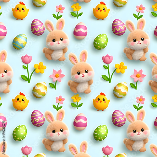 The Cute Easter Pattern with Fluffy Bunnies and Chicks