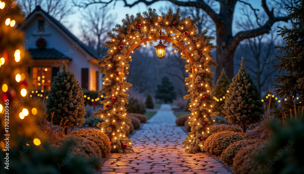 Obraz premium Enchanted Pathway with Holiday Lights Leading to Cozy Home at Dusk for Seasonal Decor Ideas, Holiday Blogs, Christmas Planning, Home Decor Websites, and Festive Celebrations