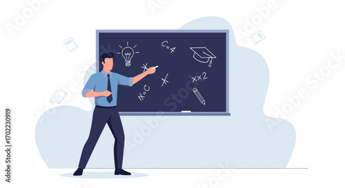 A teacher explaining math to students in class with a chalkboard drawing and equations