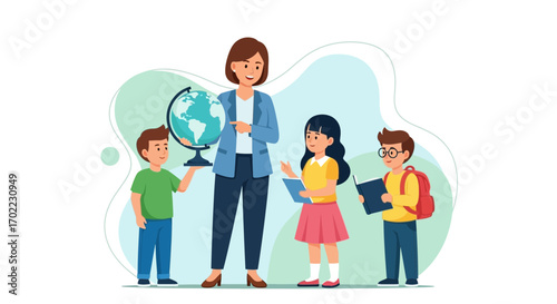 A teacher showing the globe to students, representing education and learning together