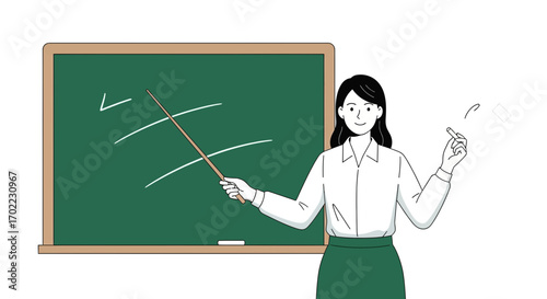 A teacher teaching in the classroom in a minimalist illustration with a blackboard