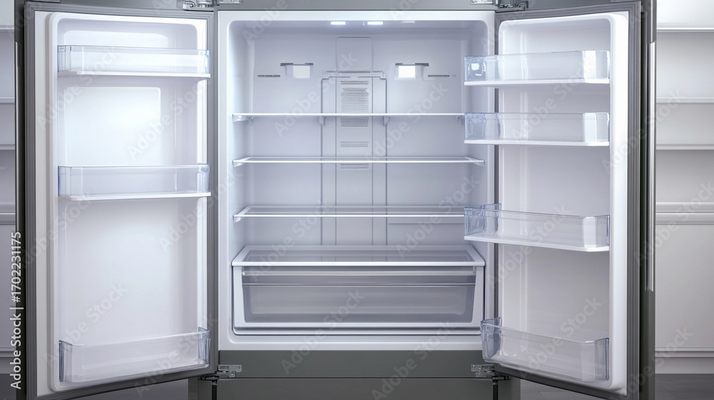 Fototapeta premium Open empty refrigerator awaiting contents Generative AI