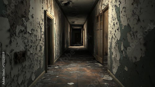 Wallpaper Mural Dimly lit abandoned hallway with peeling walls and debris Generative AI Torontodigital.ca