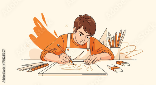 Artist Intently Concentrating On Sketch, Illustrating Artistic Passion With Tools