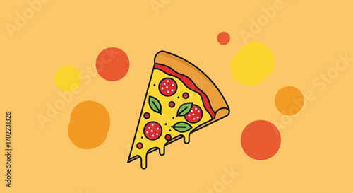A vibrant and delicious illustration of a pizza slice on a yellow background