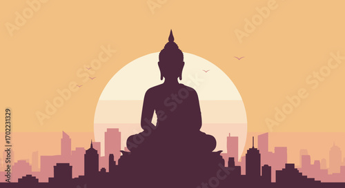 Buddha silhouette on modern city skyline for spiritual and wellness retreats marketing
