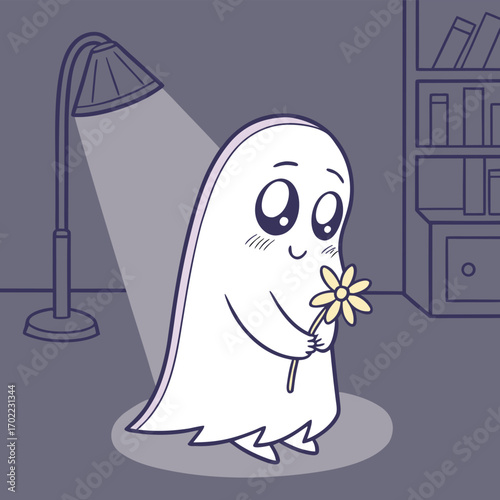 Whimsical shy ghost tenderly holding a delicate flower a charming and sweet illustration perfect for seasonal decor or children s themes