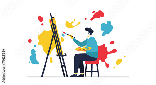 Artist painting at easel with splashes illustration, creative artwork concept