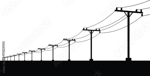 Silhouette of power poles with electrical wires stretching across flat landscape, utility poles, transmission lines, energy distribution, rural environment, black ground,