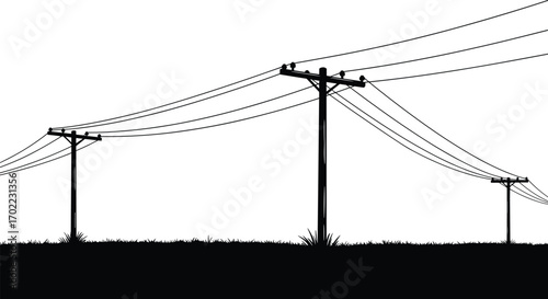 Silhouette of power poles with electrical wires over grassy field, rural landscape, utility infrastructure, transmission lines, energy distribution, outdoors, clear sky,
