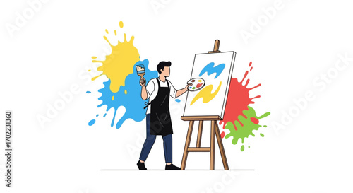Artist Painting On A Canvas With Colorful Splashes Of Paint Creating Visual Harmony