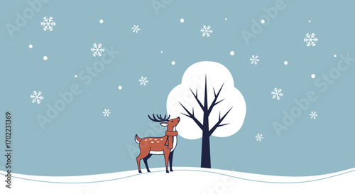 A Winter Scene Featuring a Deer, Tree, and Falling Snowflakes in a Serene Illustration