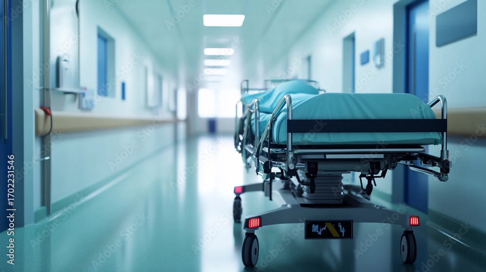 Fototapeta premium Hospital gurney in empty modern hallway at night Generative AI