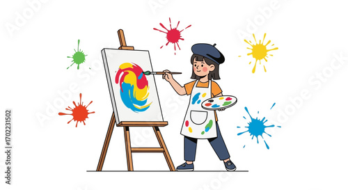 Artist Painting On Easel With Colorful Splashes and Palette Displaying Creative Artwork