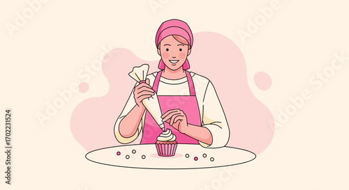 A woman decorating a cupcake with frosting from a piping bag illustration