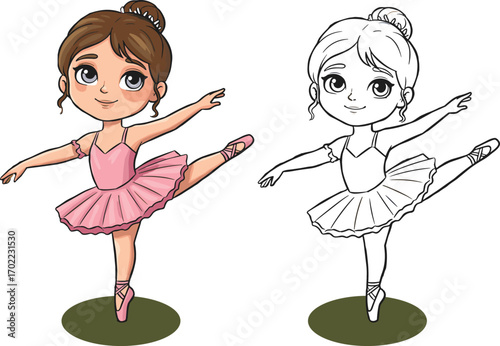Ballerina in pink tutu performing ballet pose with coloring version, perfect for dance education, art practice, and creative activities