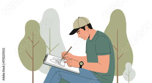 Artist Sketching Outdoors In a Park, Capturing Creative Ideas, Doing Artwork