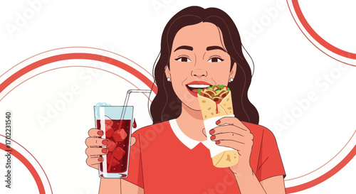 A woman enjoying a wrap and a drink in a vibrant illustration style