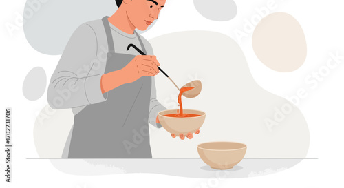 Artistic Illustration of Culinary Prep: Pouring Soup Into Bowl for Delicious Meal
