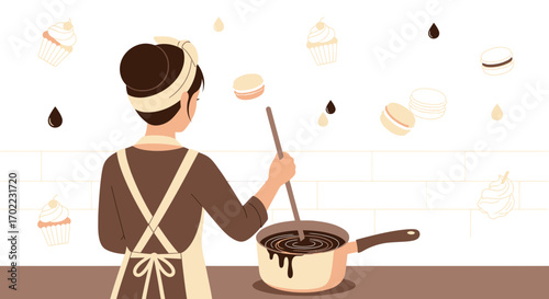 A woman is cooking and stirring something in a pot, cooking dessert