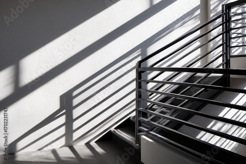 Modern staircase with sleek railings casting shadows on a textured wall in a bright interior